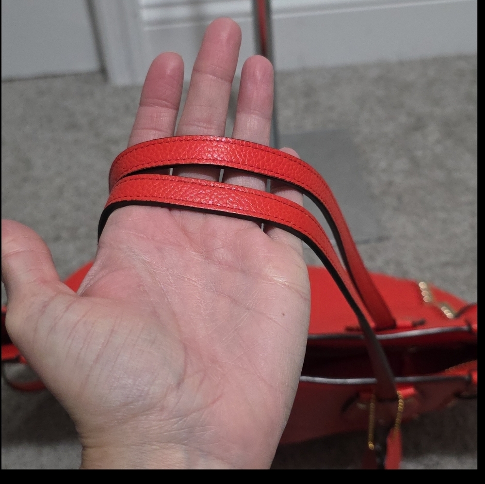 Coach Coral-Red Leather Tote with Whipstitch Accents - Picture 15 of 16
